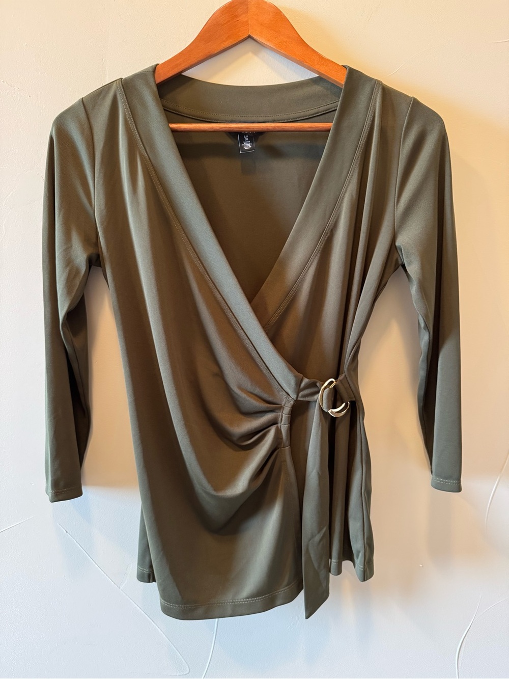 Lauren Ralph Lauren Olive Green Faux Wrap Top with Gold Ring Tie V-Neck Size S
